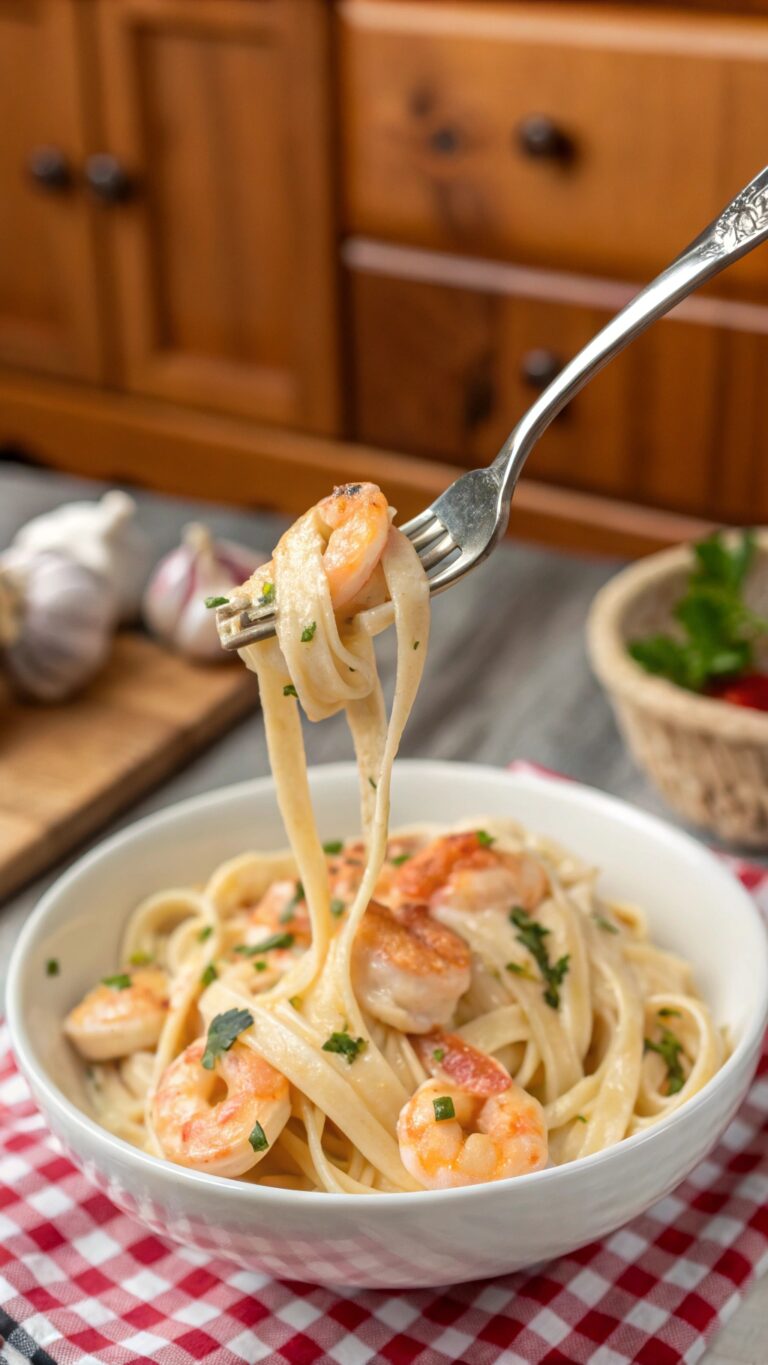 Creamy Garlic Shrimp Pasta Twirled on a Fork Against a Rustic Kitchen Backdrop